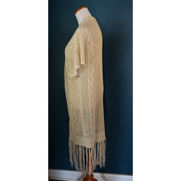 Alya Crochet Open Knit Fringe Long Cardigan Duster Coastal Boho Cottagecore M/L - Picture 5 of 11